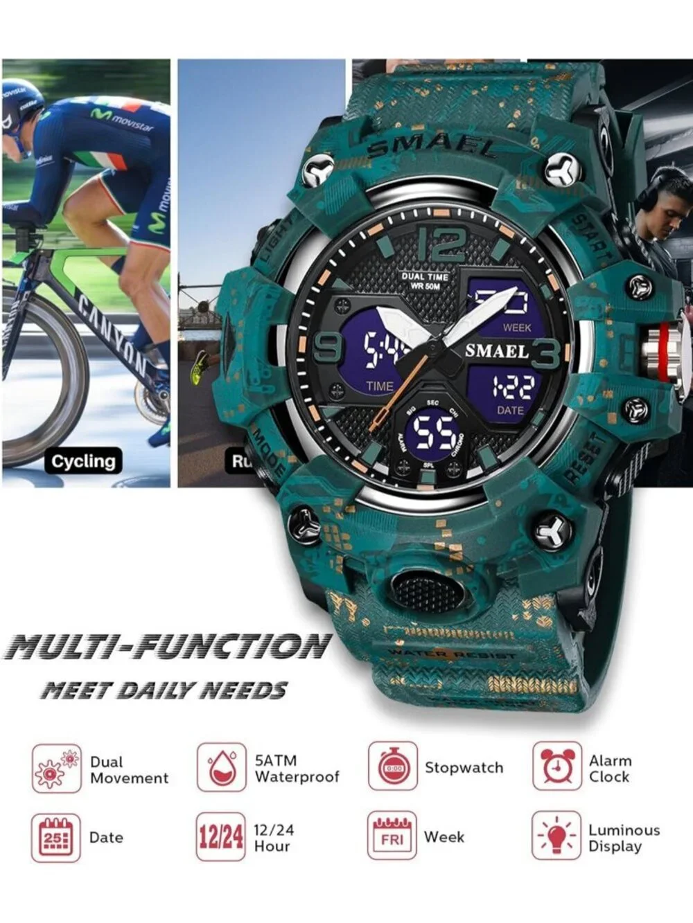 Mens Camo Blue Analog Quartz S-Shock Waterproof Outdoor Sports LED Digital Watch